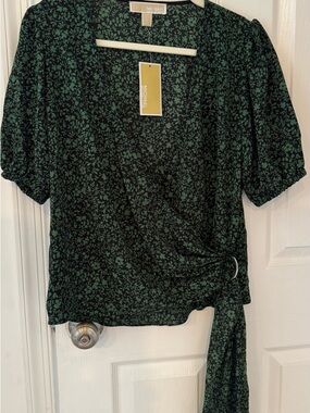 Michael Kors Dark Green Floral Tie-Waist Wrap Blouse